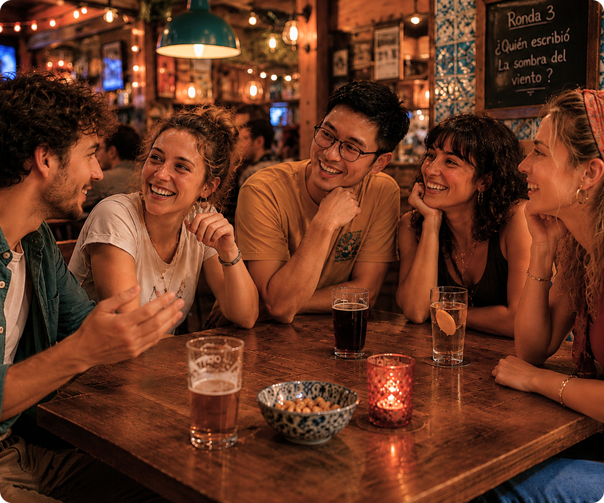 A small group of friends laughing together at a cozy bar in Valencia